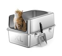 Bartuke Large Stainless Steel Cat Litter Box, 19.7" L x 13.8" W x 12" H Semi Enclosed Metal Litter Tray with Removable High Sided Enclosure, Scoop, Anti-Leakage, Non-Sticky, Easy Cleaning