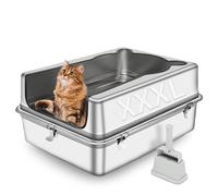 Bartuke Stainless Steel Cat Litter Box, XXXL Semi Enclosed Removable Metal Litter Tray with High Sided Enclosure, Scoop, Anti-Leakage, Non-Sticky, Easy Cleaning