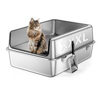 Bartuke XXXL Stainless Steel Cat Litter Box, 28" L x 19.7" W x 12" H Extra Large Semi-enclosed Metal Litter Tray with Removable High Sided Enclosure, Scoop, Anti-Leakage, Non-Sticky, Easy Cleaning