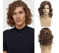 Baruisi Men Wigs Short Curly Brown Wig Synthetic Natural Layered Halloween Cosplay Hair Wigs