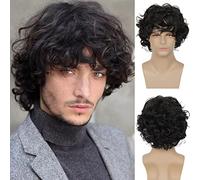 Baruisi Mens Short Black Curly Wig Synthetic Natural Fluffy Halloween Cosplay Hair Wig with Bangs