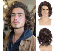 Baruisi Mens Short Curly Brown Wig Handsome Synthetic Full Wigs Natural Halloween Cosplay Costume Hair Wig
