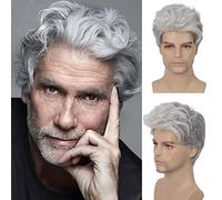 Baruisi Mens Wigs Grey Short Curly Wig Synthetic Layered Cosplay Hair Wig for Daily Party with Wig Cap