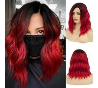 Baruisi Ombre Red Wig Short Curly Wavy Bob Wigs for Women Synthetic Dark Roots Side Part Cosplay Hair Wig