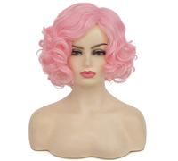 Baruisi Short Curly Pink Wigs for Women Synthetic Natural Wavy Costume Cosplay Party Wig,Pink