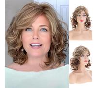 Baruisi Short Curly Wavy Brown Wigs for Women Shoulder Length Synthetic Side Part Cosplay Party Hair Wig,Brown&Blonde