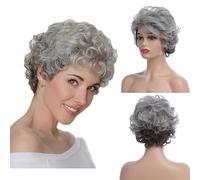 Baruisi Short Fluffy Grey Wigs for Women Natural Looking Synthetic Short Curly Cosplay Hair Wig