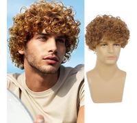 Baruisi Short Mens Curly Wig Light Brown Synthetic Halloween Cosplay Costume Hair Wig for Male