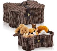 Barydat 2 Set Large Small Dog Toy Basket with Lid Bone Shaped Basket for Dog Natural Wicker Woven Handmade Pet Puppy Toy Organizer and Storage Box Bin for Cats Brown
