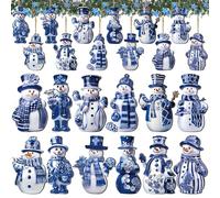 Barydat 36 Pcs Blue and White Christmas Porcelain Snowman Ornaments for Tree Blue and White Porcelain Christmas Decoration Wooden Snowman Hanging Ornaments for Xmas Tree Crafts
