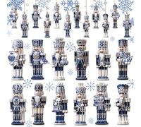 Barydat 36 Pcs Christmas Nutcracker Wooden Ornaments - Blue and White Porcelain Nutcracker Decor - Rustic Christmas Tree Decorations