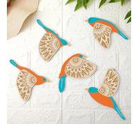 Barydat 5 Pcs Wooden Bird Wall Art Wood Flying Birds Wall Decor Rustic Folk Art Scandinavian Home Decor for Gift Living Room Bedroom Kitchen Office(Teal)