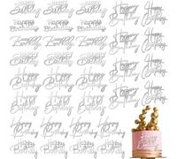 Barydat 50 Pcs Happy Birthday Cake Toppers Bulk Mirror Acrylic Cupcake Topper Cupcake Decorations Happy Birthday Sign for Cake Side Inserts Decor Party Supplies 10 Style (Silver)
