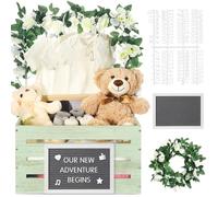 Barydat Wooden Baby Shower Crate Closet, Basket with Handle and Felt Letter Board Kit Garland Baby Shower Wooden Gift Crate Personalized Basket for Pregnancy Announcement New Parent (Green)