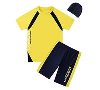 BASADINA Boys Swimsuits Short Sleeves 2 Piece Sunscreen Swimming Costume Boys Swimwear 4-14 Years Yellow