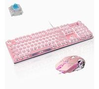 Basaltech Mechanical Gaming Keyboard and Mouse Combo, Retro Steampunk Vintage Typewriter-Style Keyboard with LED Backlit, 104-Key Anti-Ghosting Blue Switch Wired USB Metal Panel Round Keycaps, Pink