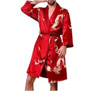 Bascabeen Silk Dressing Gown for Men Satin V-Neck Bath Robes Chinese Dragon Printed Kimono Dressing Gowns Long Sleeve Loungewear Lightweight Nightgown (Red, 3XL)
