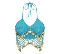 Bascabeen Women's Sequin Halter Bra Crop Top - Latin Belly Dance Backless Tube Tank Camisole (Light Blue, One Size)