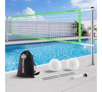 Base Free Swimming Pool Volleyball Net Set for Inground/Above Ground Pools, 4-Height Adjustable Aluminium Poles, Durable Anti-Sagging Net with 15ft-28ft Length, 2 Water Volleyballs & Carry Bag(Green)