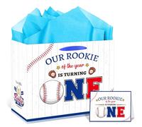 Baseball 1st Birthday Gift Bags with Handles, Tissue Paper and Greeting Card, Our Rookie of the Year is Turning One Gift Wrapping Paper, Sports Themed First Birthday Decorations for Boys