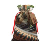 Baseball and Cat Printed Christmas Drawstring Bags for Christmas Party Xmas Gift Wrapping, Red Ribbon, M