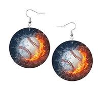 Baseball Ball In Fire And Water Earrings Burning Guitar Round Shape Leather Earring Lightweight Dangle Women Girls Jewelry Perfect For Everyday Wear