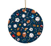 Baseball Basketball Football Hockey Printed Round Xmas Ornaments 7.3cm, Christmas Ceramic Pendant Hanging for Xmas Tree Home Indoor Outdoor Decor 1 Pcs