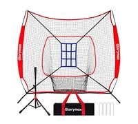 Baseball Batting Practice Net, 7x7 Ft, with Tee and 9-Hole Strike Zone Target, Portable with Carry Bag (Red)