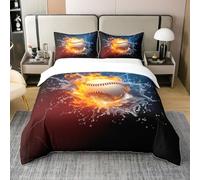 Baseball Bedding Set 3D Water and Fire Blue Lightning 100% Cotton Super King Duvet Cover 3 Pcs for Kids Teens Adults Sports Ball Decor Competition Style Comforter Cover,2 Pillowcases(No Comforter)