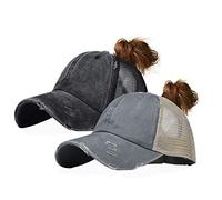 Baseball Cap Ponytail Messy Bun Hat Distressed Cotton Washed Vintage, Black and Grey, M