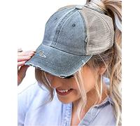 Baseball Cap Ponytail Messy-Bun Hat Distressed Cotton Washed Vintage - Grey - M