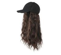 Baseball Cap with Curly Straight Hair Extensions One Piece Wig Cap with Attached Synthetic Fake Hair For Women Daily Wear -Brown, Blonde (Black Cap with Brown Curly Long Hair)