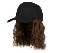 Baseball Cap with Curly Straight Hair Extensions One Piece Wig Cap with Attached Synthetic Fake Hair For Women Daily Wear -Brown, Blonde (Black Cap with Brown Curly Shoulder-length Bob)