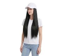 Baseball Cap with Curly Straight Hair Extensions One Piece Wig Cap with Attached Synthetic Fake Hair For Women Daily Wear -Brown, Blonde (White Cap with Black Straight Long Hair)