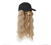 Baseball Cap with Curly Straight Hair Extensions One Piece Wig Cap with Attached Synthetic Fake Hair For Women Daily Wear -Brown, Blonde (Black Cap with Blonde Curly Long Hair)