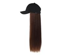 Baseball Cap with Curly Straight Hair Extensions One Piece Wig Cap with Attached Synthetic Fake Hair For Women Daily Wear -Brown, Blonde (Black Cap with Light Brown Straight Long Hair)