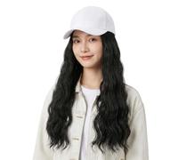 Baseball Cap with Curly Straight Hair Extensions One Piece Wig Cap with Attached Synthetic Fake Hair For Women Daily Wear -Brown, Blonde (White Cap with Black Curly Long Hair)
