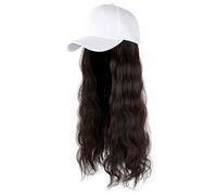 Baseball Cap with Curly Straight Hair Extensions One Piece Wig Cap with Attached Synthetic Fake Hair For Women Daily Wear -Brown, Blonde (White Cap with Brown Curly Long Hair)