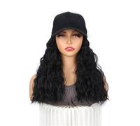 Baseball Cap with Water Wave Hair 45cm Medium Curly Wig Multiple Colors Adjustable Strap for Casual Style(Black-1B#)