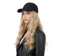 Baseball Caps with Long Curly Wavy Hair Extension Wig Attached, Women Gold Brown Black Synthetic Wig Caps Sun Hats Headwear Hairpiece for Crazy Hair Day Halloween Cosplay Roleplay Raves Night Club