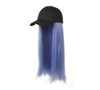 Baseball Caps with Long Straight Hair Extension Wig Attached, Women Y2K Stylish Blue Synthetic Wig Caps Sun Hats Headwear Hairpiece for Crazy Hair Day Halloween Cosplay Roleplay Raves Party