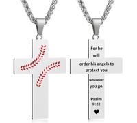 Baseball Cross Necklace for Men, Bible Verse Pendant Gifts for Birthday Christmas, Baptism Christian Religious Baseball Accessories Stuff Gifts, S, Stainless Steel, No Gemstone