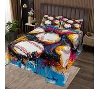 Baseball Game Quilt Bedding Set DoubleSoftball Sport Coverlet Bedspread for Kids Graffiti Watercolor Ball Lightweight Bedding Bed Cover Yellow White Blue Bedspread Set (1 Quilt+ 2 Pillowcase)