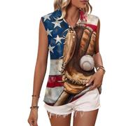 Baseball Glove and Bat U.S. Flag Casual Sleeveless Polo Shirts for Women V Neck Collared Tank Tops Lightweight Fit Shirt 4XL