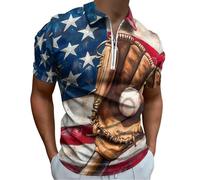 Baseball Glove and Bat U.S. Flag Casual Zipper Polo Shirts for Men Short Sleeve Golf Collared Light Fit Tee L