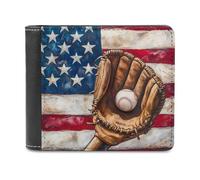 Baseball Glove and Bat U.S. Flag Leather Bifold Wallet for Men Slim Card Cases with 6 Slot Minimalist Purse Coin Clip