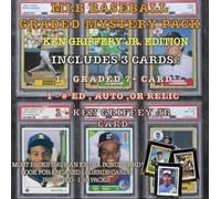 Baseball Graded Mystery Hot Pack - 3 Cards - Guaranteed 7+ - 1#'ed, Auto, Relic or RPA - 1 Griffey Jr. Card - Bonus Cards - Hits, Rookies, Color, Parallels, or SP