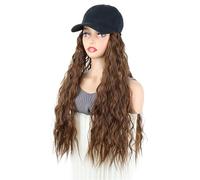 Baseball Hair Hat Wig Synthetic 24Inch Long Kinky Curly One PieceAdjustable Black Brown Hairpiece for Women(4) (2m30)