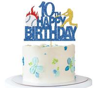 Baseball Happy 10th Birthday Cake Topper - Sport Themed 10th Birthday Cake Supplies - Ten Years Old - Kid Bday Party Decoration - Blue Glitter