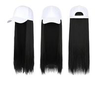 Baseball Hat Wig for Women, Adjustable Wig Hat with Hair Extensions 23.6 Inch Long Straight Synthetic Hair Quick Hairstyle Attached Wigs Cap for Party Daily (White Hat with Black Hair)